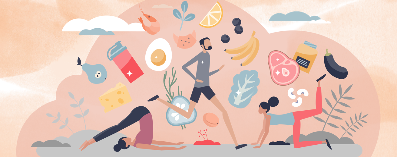 Illustration-Mann-Frauen-beim-Sport-Nahrungsmittel