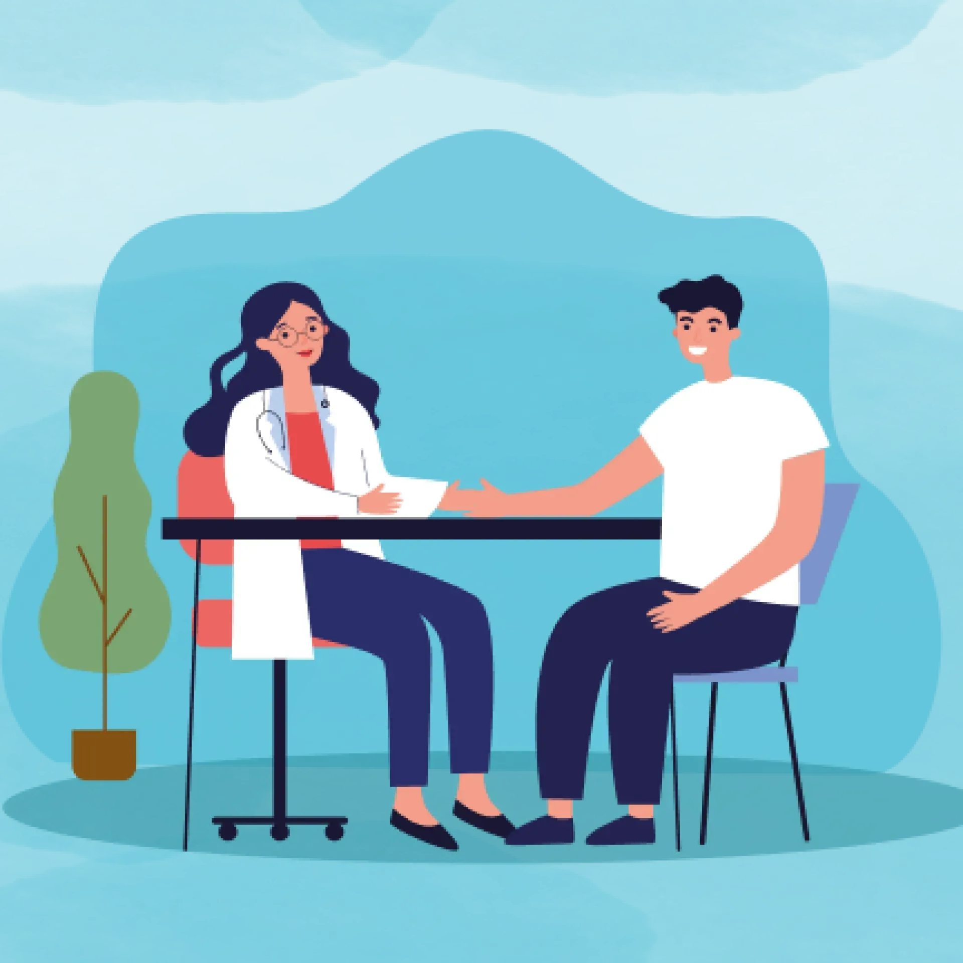 Illustration-Ärztin-junger-Mann-im-Gespräch